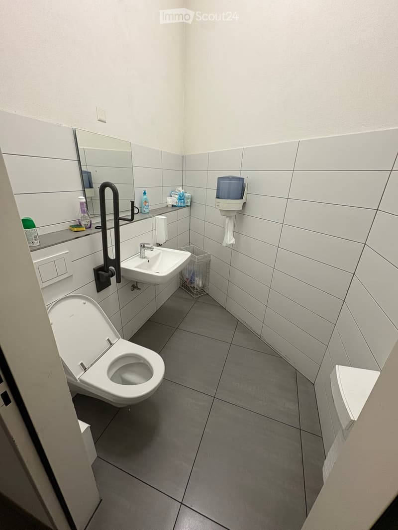 Modern bathroom with white tiles, a toilet, a sink with a mirror, a handrail, and a hand sanitizer dispenser.