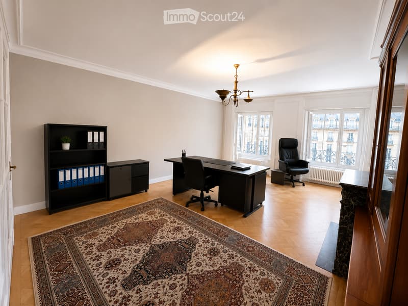 Office space with wooden flooring, large windows, a desk with chairs, a bookcase with binders and a small plant, and a patterned rug.