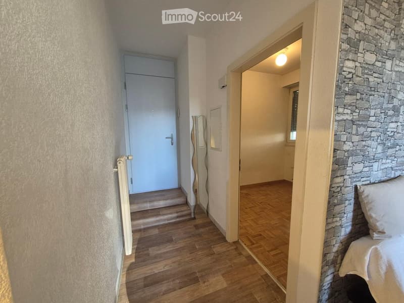 A narrow hallway with wooden flooring, light-colored walls, and a stone accent wall. A door leads to another room, and a mirror is visible on the wall.