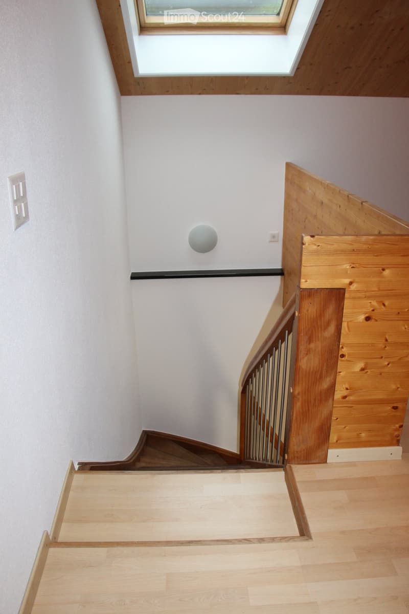 Wooden staircase with a metal railing, light-colored wooden flooring, and a skylight at the top.