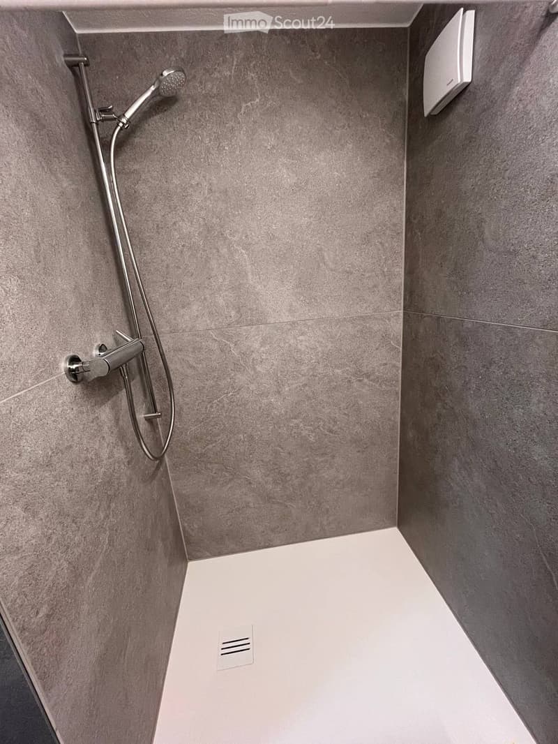Modern shower area with grey tiled walls, white shower floor, and a handheld showerhead with a handheld control.