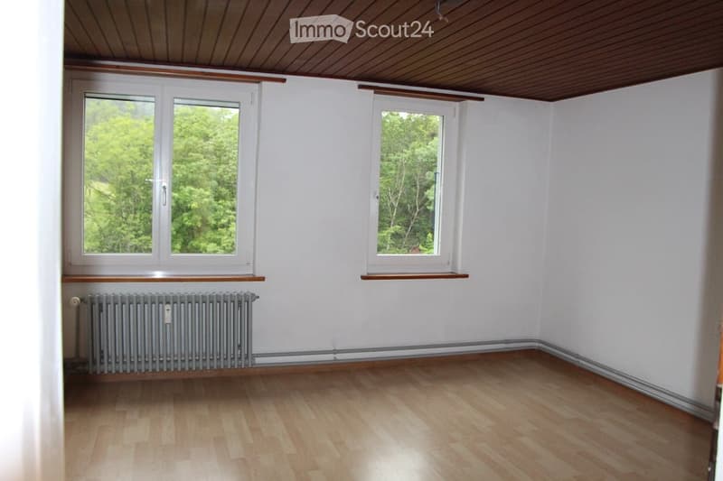 Empty room with white walls, wooden floor, and two windows showing greenery outside. A radiator is visible under one window.