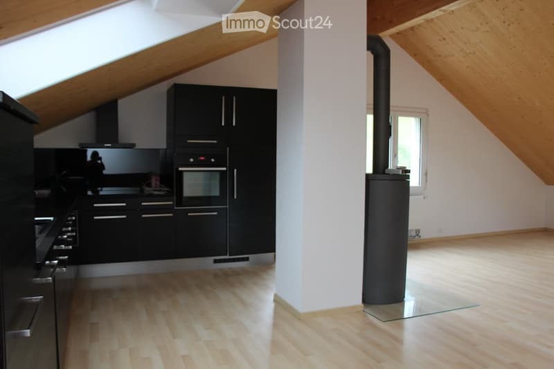 Modern kitchen with black cabinets, stainless steel appliances, and light wooden flooring. Features an oven, stove, and range hood.