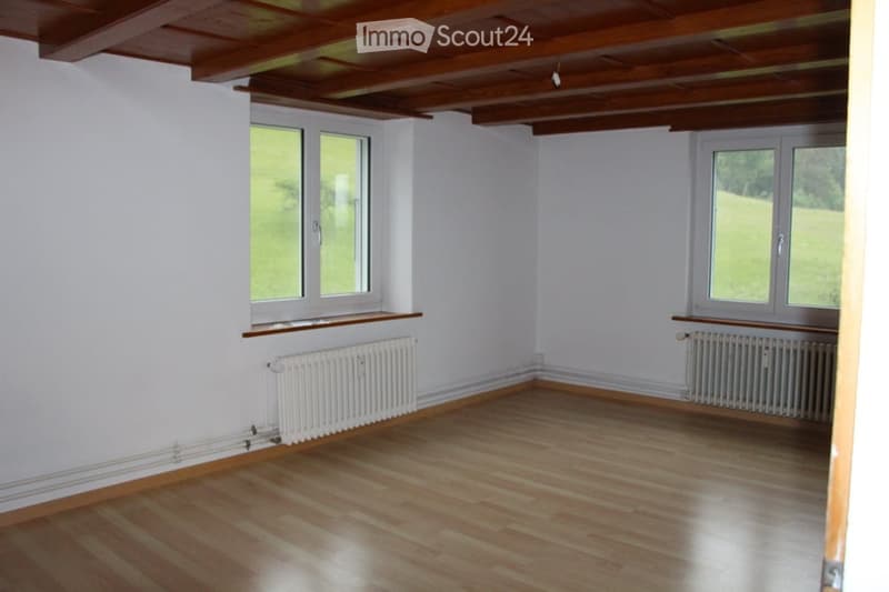 Empty room with wooden flooring, white walls, exposed wooden ceiling beams, and two windows with radiators beneath them.