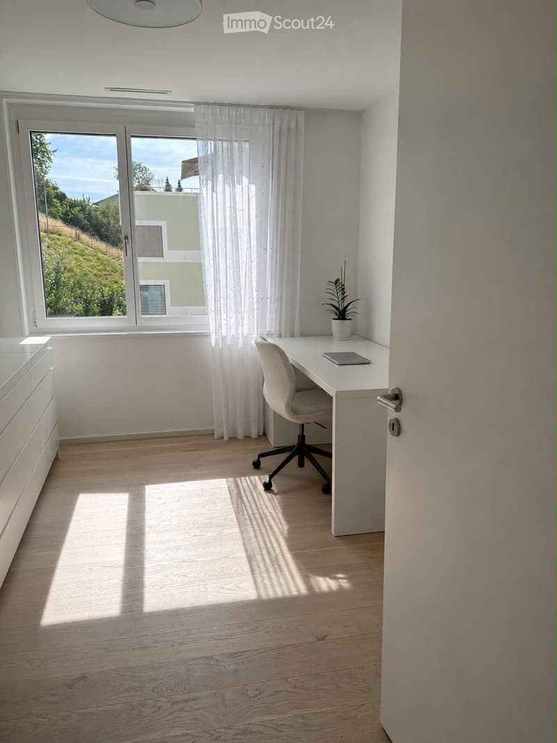 Bright, modern room with wooden flooring, large window with white curtains, desk with chair, laptop, and potted plant.