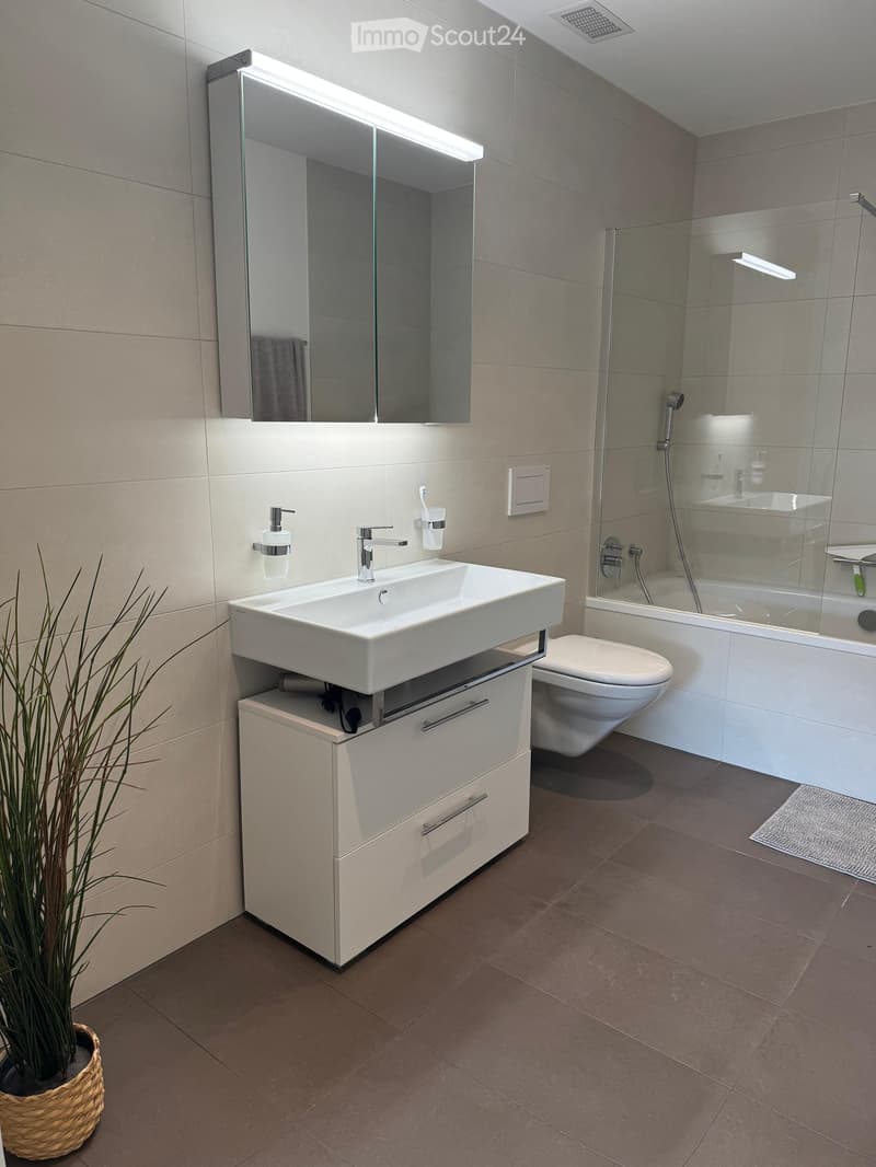 Modern bathroom with a white sink, large mirror, toilet, bathtub, and built-in cabinet. Features include a sleek faucet, toothbrush holder, and soap dispenser.