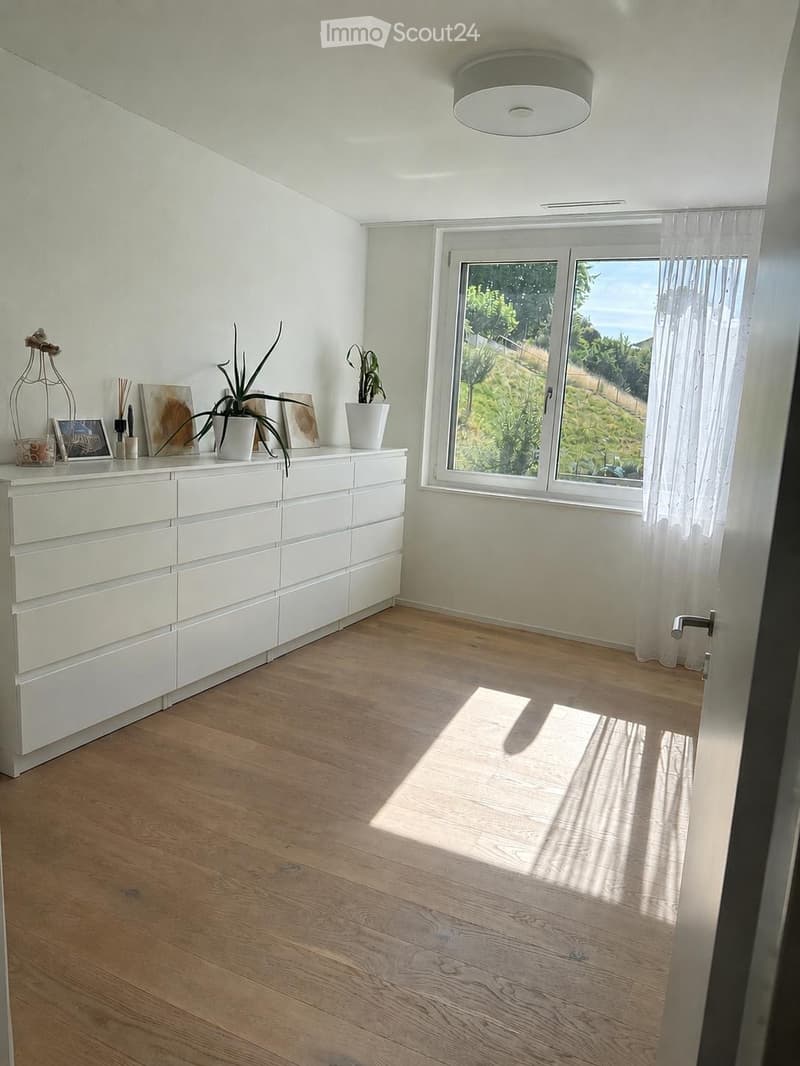 A modern, minimalist room with light wooden flooring, white walls, and a large window with sheer curtains. A white cabinet holds decorative items, including potted plants, picture frames, and candles.