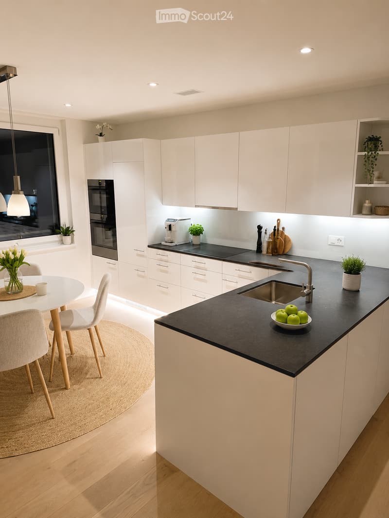 Modern kitchen with white cabinets, black countertops, a sink, coffee maker, and a small dining area with a table and chairs.
