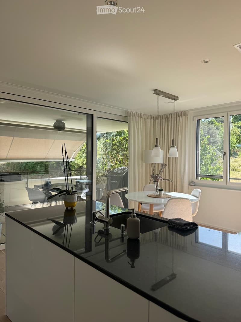 Modern kitchen with a black countertop, sink, faucet, and a round dining table with chairs. There are large windows with curtains, a lamp, and a plant on the counter.