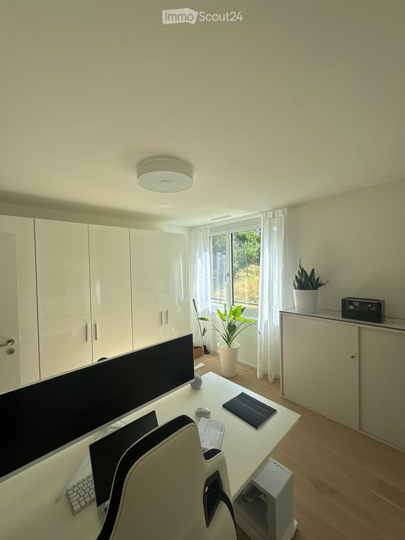 A modern, well-lit room with a desk setup, including a computer monitor, keyboard, mouse, and laptop. There is a comfortable chair, a potted plant, and built-in cabinets. The room features large windows with white curtains and a sleek ceiling light.