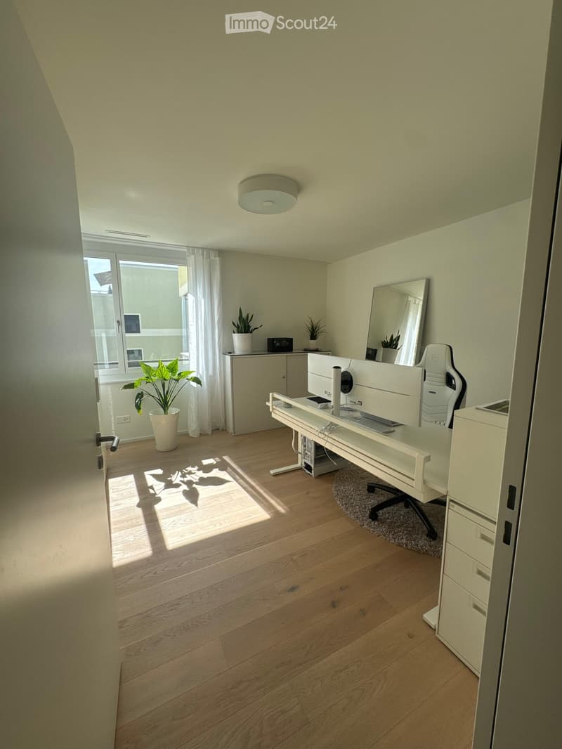 Bright, modern room with wooden flooring, large window with white curtains, desk with computer, chair, and potted plants.