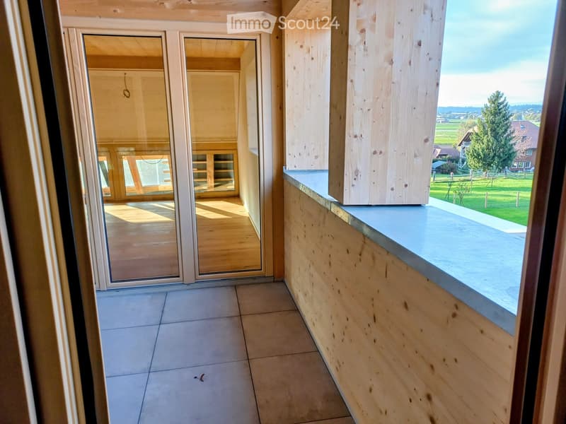 Modern hallway with wooden walls, tiled floor, large glass sliding doors leading to another room, and a view of a green landscape outside.