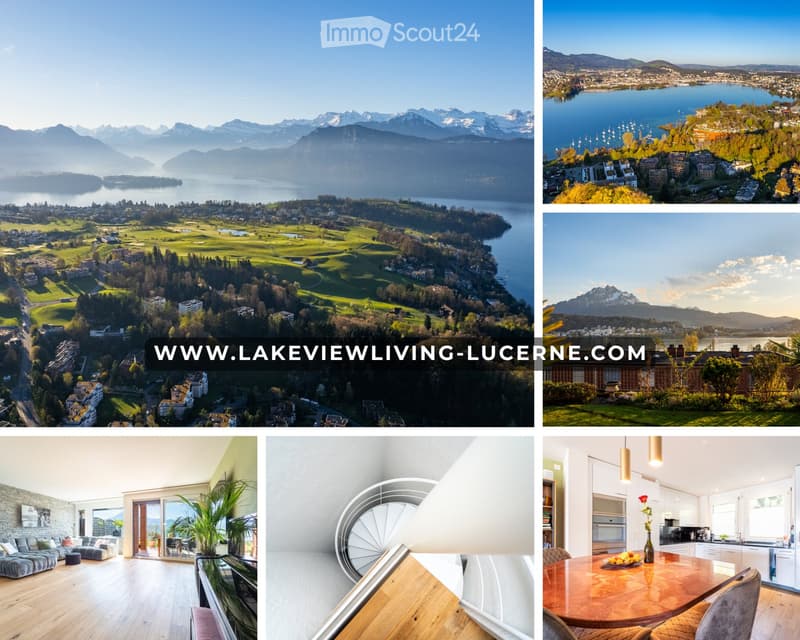 Collage of scenic views and modern interiors, including a living room with a sofa and coffee table, a dining area with a table and chairs, and a kitchen with an oven and fridge.