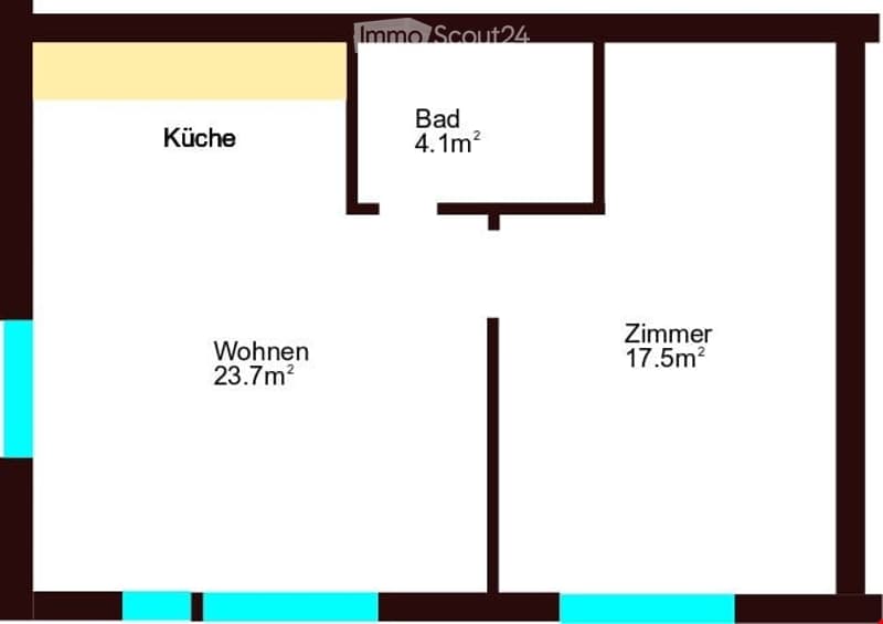 Floor plan of a 4-room apartment: kitchen, living room, bedroom, and bathroom.