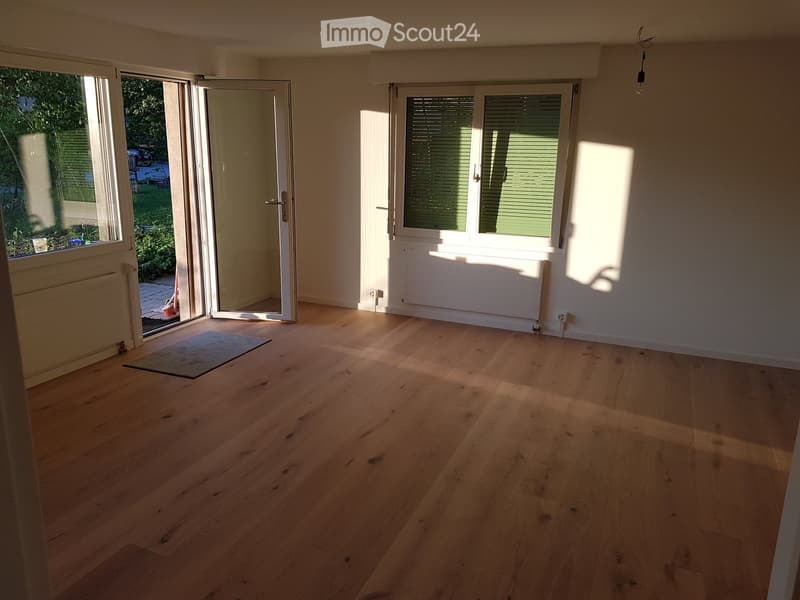 Empty room with light wooden flooring, white walls, and large windows with blinds. The room has a sliding glass door leading outside and a small rug placed near the door.
