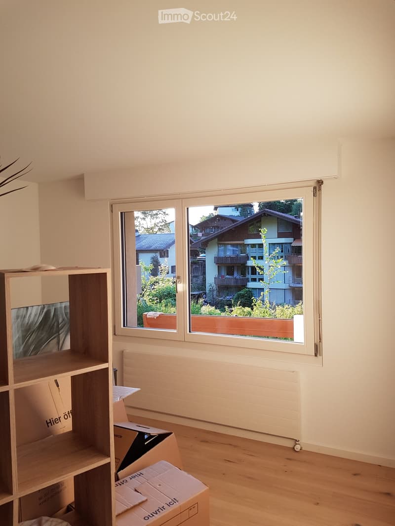 Empty room with wooden flooring, large window showing a view of neighboring houses and greenery, radiator, and some cardboard boxes.