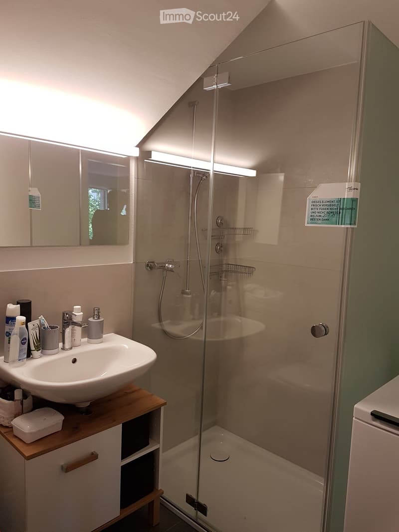 Modern bathroom with a white sink, faucet, mirror, and a glass-enclosed shower. The sink has various toiletries, and the shower includes a rack for storage.