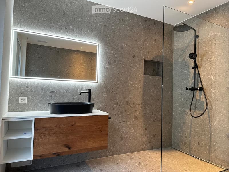 Modern bathroom with a sleek black sink, wooden cabinet, large mirror with LED lighting, and a glass-enclosed shower with a modern showerhead.