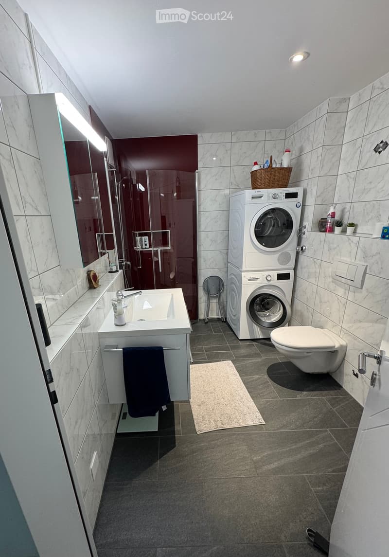 Modern bathroom with marble tiles, a white sink, a washing machine, a toilet, and a shower area with a glass door.
