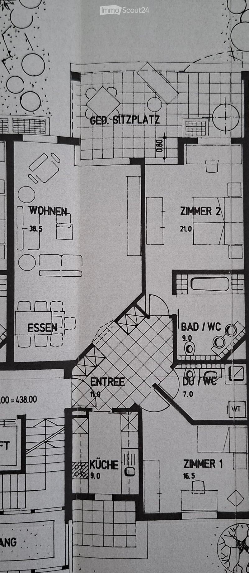 Floor plan of a residential space with labeled rooms including living area, dining area, kitchen, two bedrooms, bathroom, and entrance.