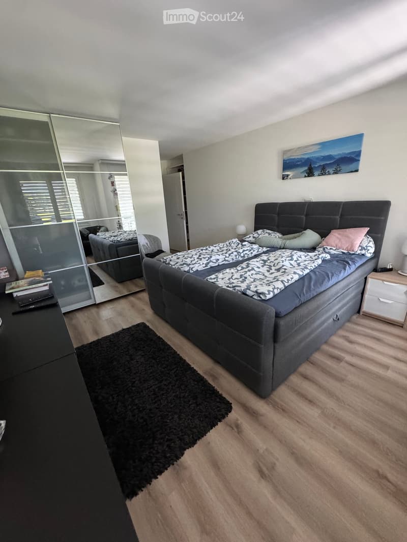 Modern bedroom with a large bed, nightstand, mirror, sofa, and a black shag rug on the floor.