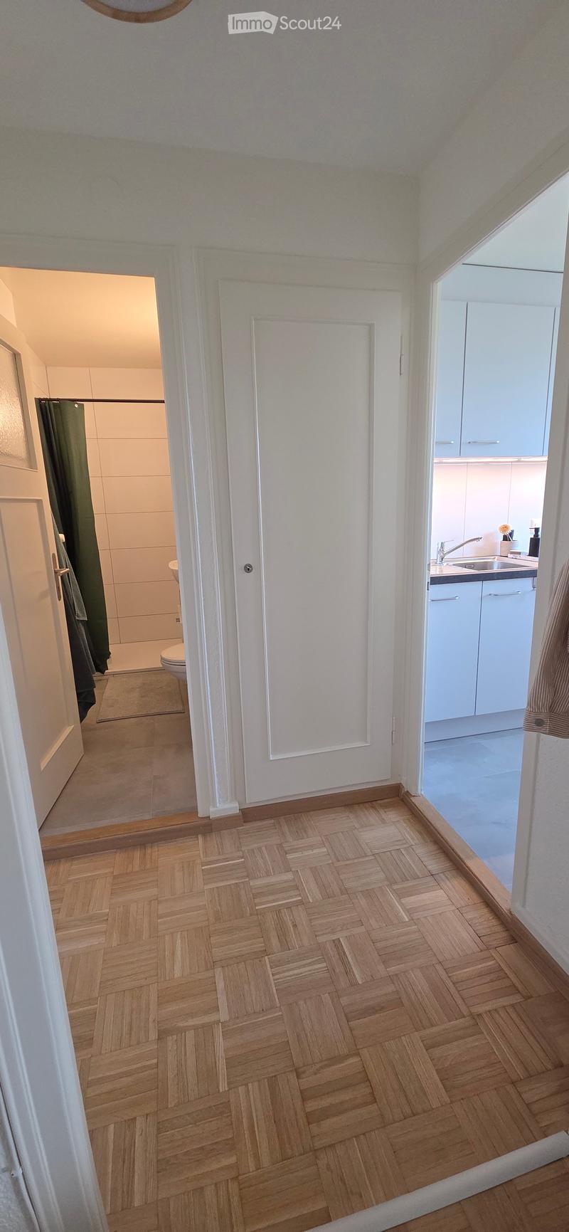 A narrow hallway with wooden herringbone flooring, white walls, and doors leading to a bathroom and a kitchen area.