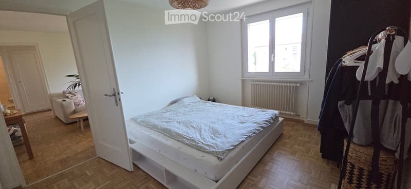 Bright bedroom with wooden flooring, a bed with white bedding, a small sofa, a table, a chair, a radiator, a wardrobe, and a plant near the door.