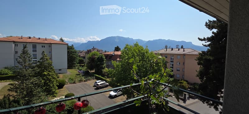 Balcony overlooking a residential area with parked cars, trees, and distant mountains under a clear blue sky.