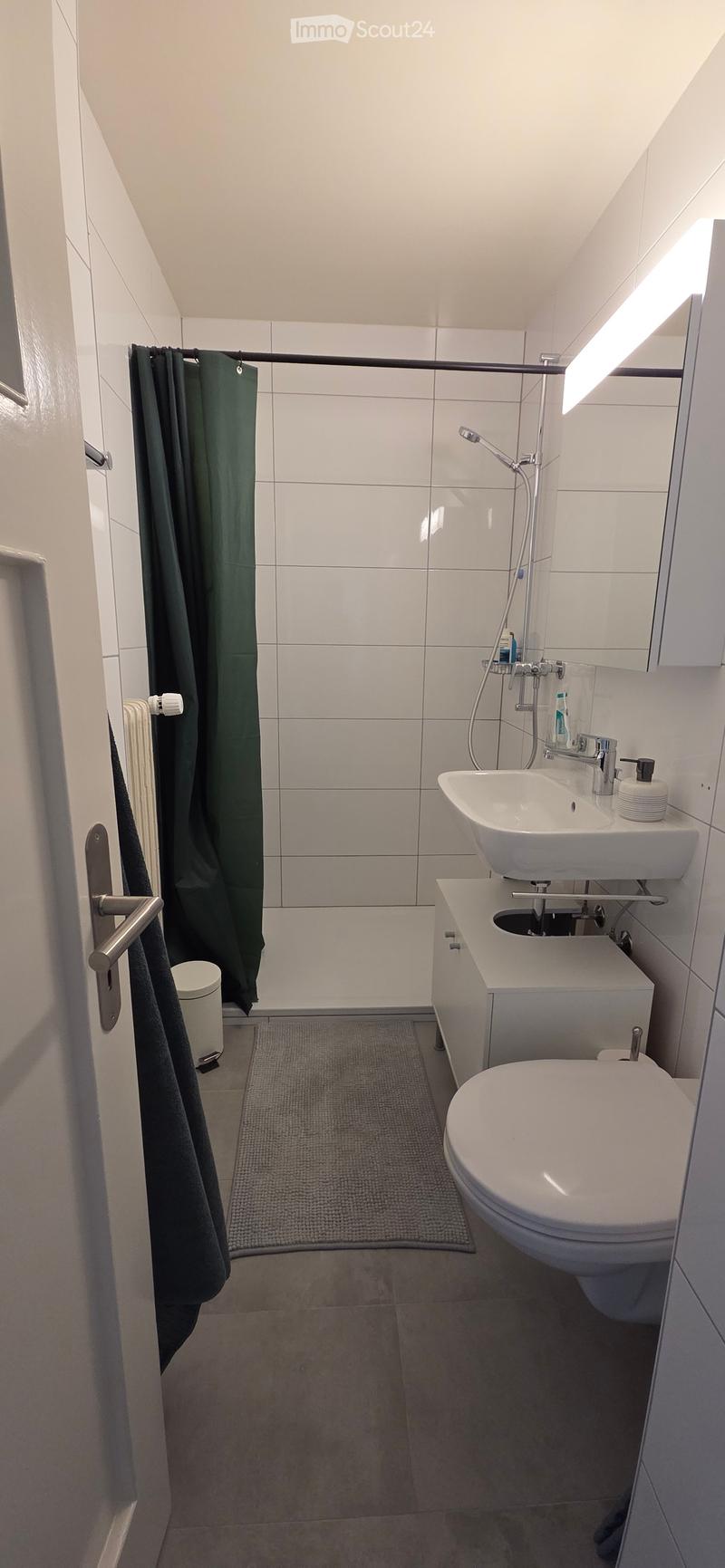 Modern bathroom with white tiles, a sink, toilet, shower area with a green curtain, a mirror, and a radiator.