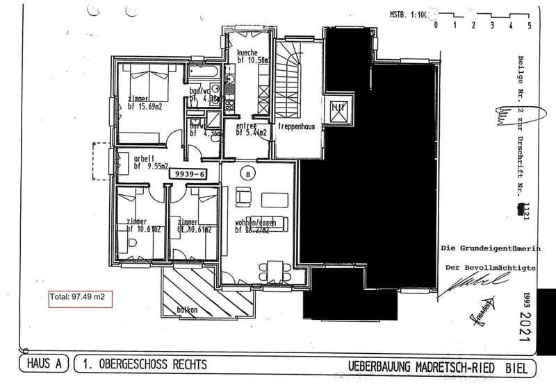 Floor plan of a house showing multiple rooms including kitchen, living/dining area, bedrooms, bathrooms, and a staircase. Total area is 97.49 m².