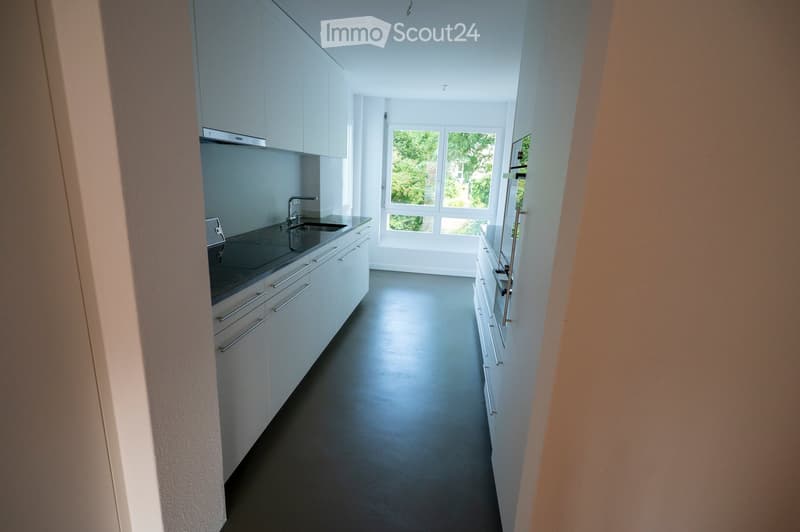 Empty kitchen area with white cabinets, stainless steel sink, and dark flooring. No furniture or appliances are present.