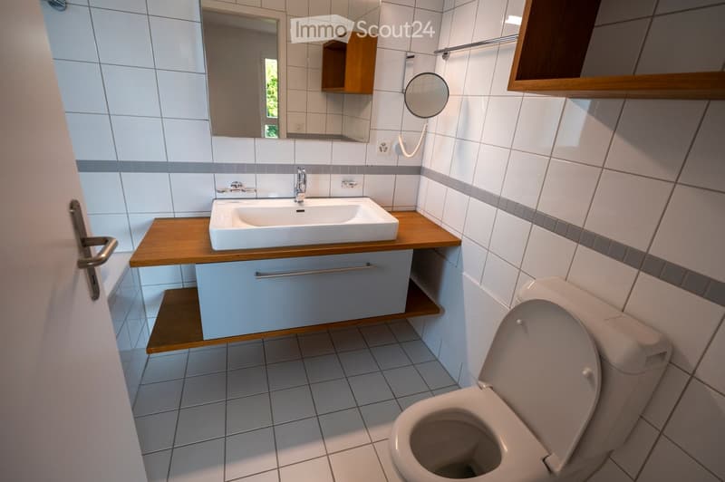 Modern bathroom with white tiles, a wooden vanity with a sink, a toilet, a mirror, and a small wooden cabinet.