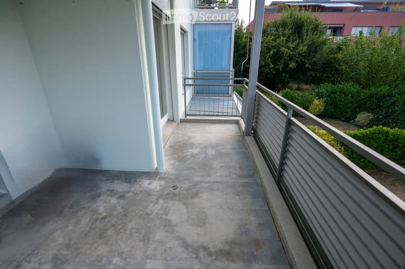 Concrete balcony with metal railing, leading to a small enclosed area with a glass door and a view of greenery and neighboring buildings.