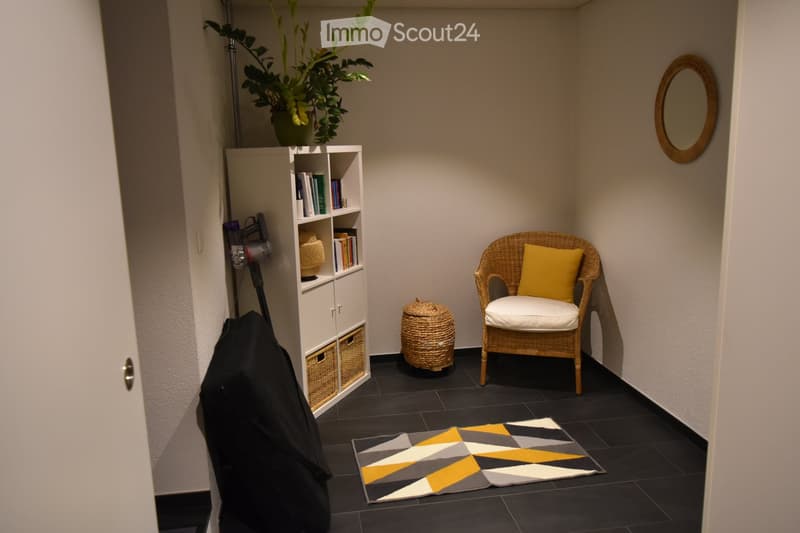 A small, cozy room with a wicker chair, a shelf with books and decorative items, a round mirror on the wall, a potted plant, and a patterned rug on the floor.