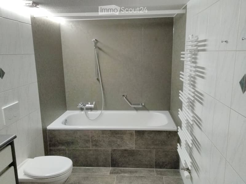 Modern bathroom with a bathtub, toilet, showerhead, and a radiator on the wall.