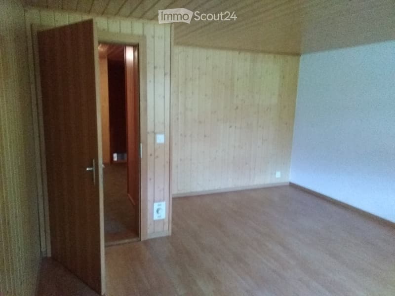Empty room with wooden panel walls, carpeted floor, and a wooden door leading to another space.
