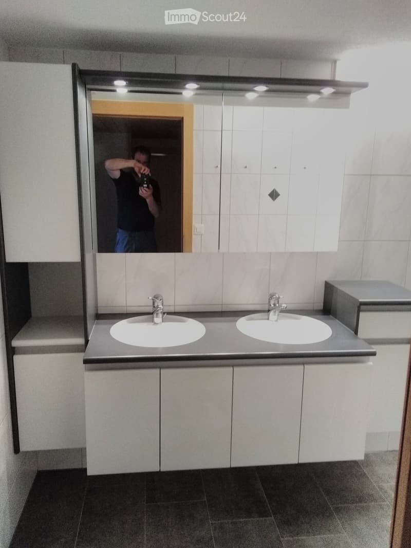 Modern bathroom with double sink vanity, mirrored cabinet, and built-in storage.