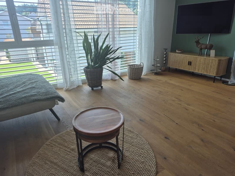 Modern living room with wooden flooring, large windows, a sofa, a small wooden stool, a plant in a woven basket, a decorative cabinet, and a television mounted on the wall.