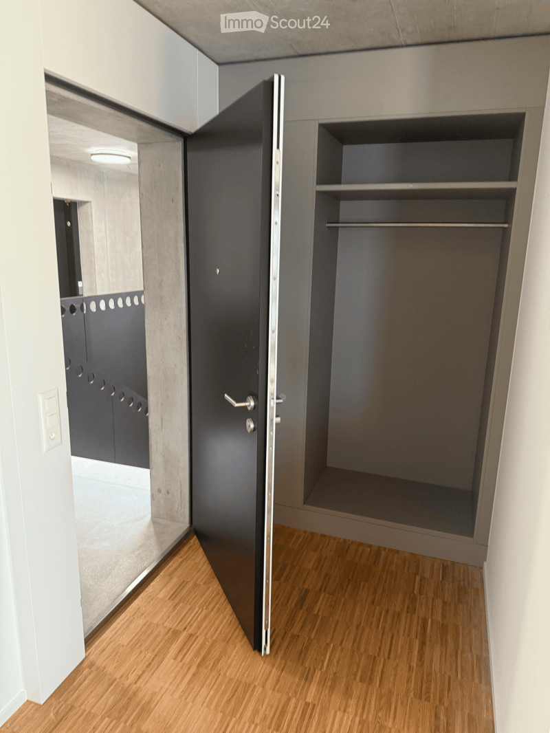 Modern hallway with wooden flooring, open closet with empty shelves, and a black door with a silver handle.