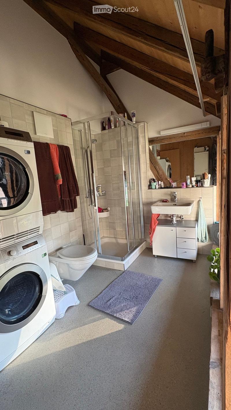 Modern bathroom with a toilet, sink, shower, washing machine, and various towels. Features a wooden slanted ceiling and tiled walls.