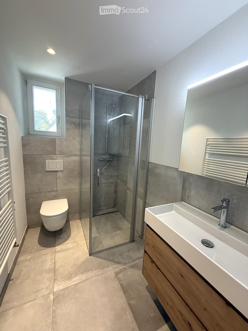 Modern bathroom with a toilet, sink, mirror, and glass-enclosed shower. Features include a wooden vanity cabinet, tiled walls, and a window providing natural light.