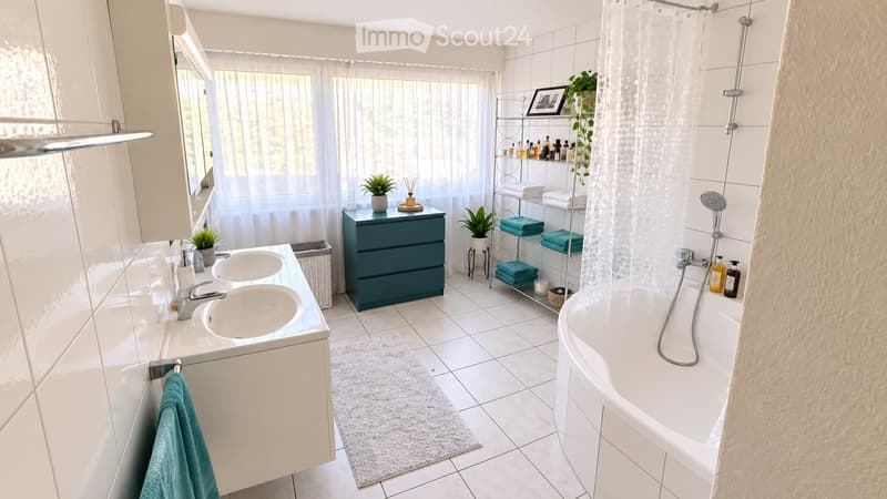 Modern bathroom with double sink, bathtub, large mirror, and neatly arranged shelves holding toiletries and towels.