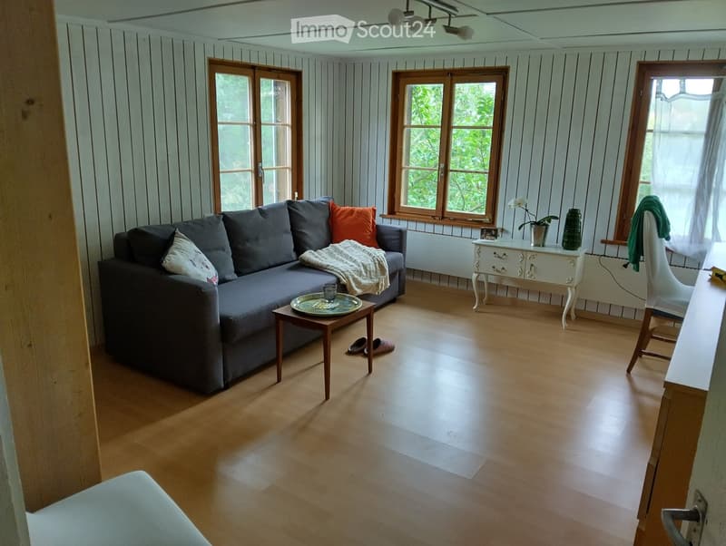 Cozy living room with wooden flooring, large windows, grey sofa with colorful cushions, coffee table, small table with vase, and a white chair.