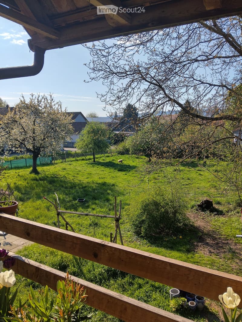 A wooden balcony overlooks a lush green garden with trees, grass, and a few scattered items like pots and a small animal in the distance.