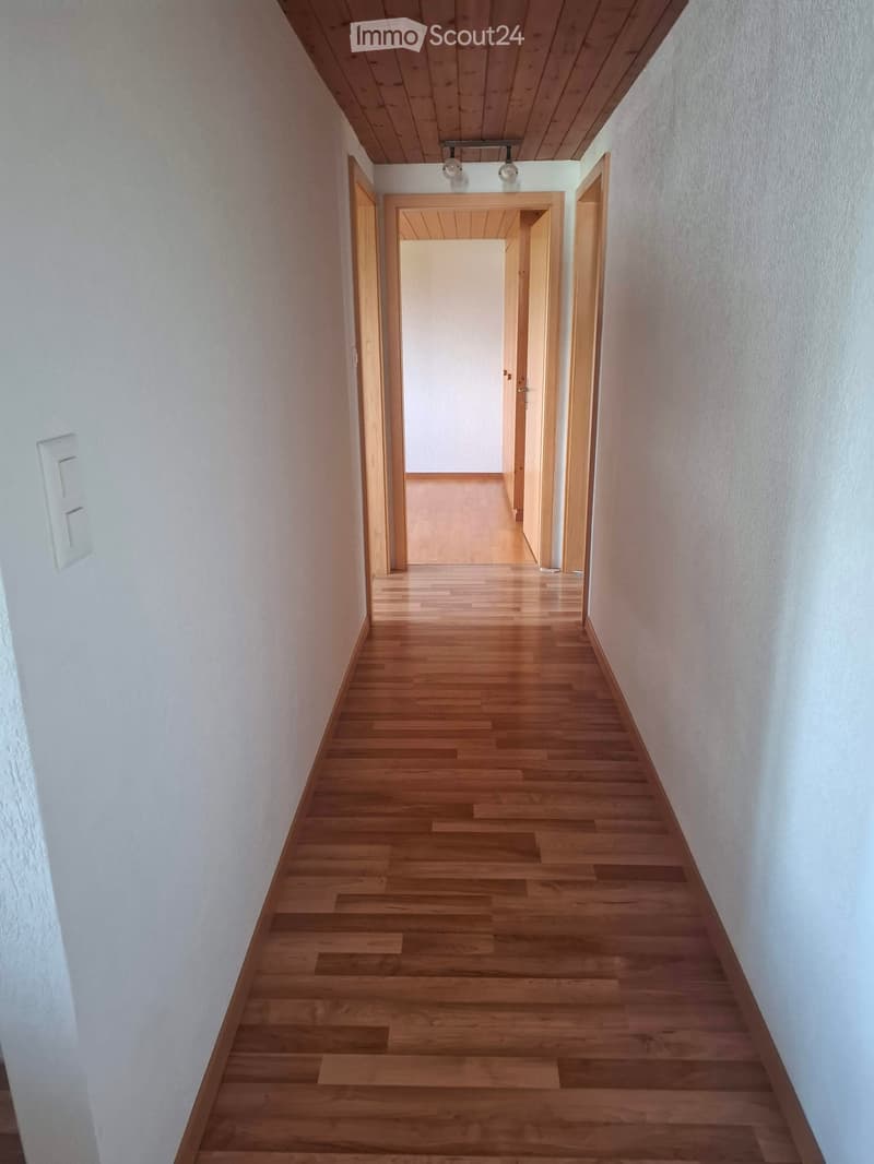 A long, narrow hallway with wooden flooring and white walls, featuring several open wooden doors leading to other rooms.