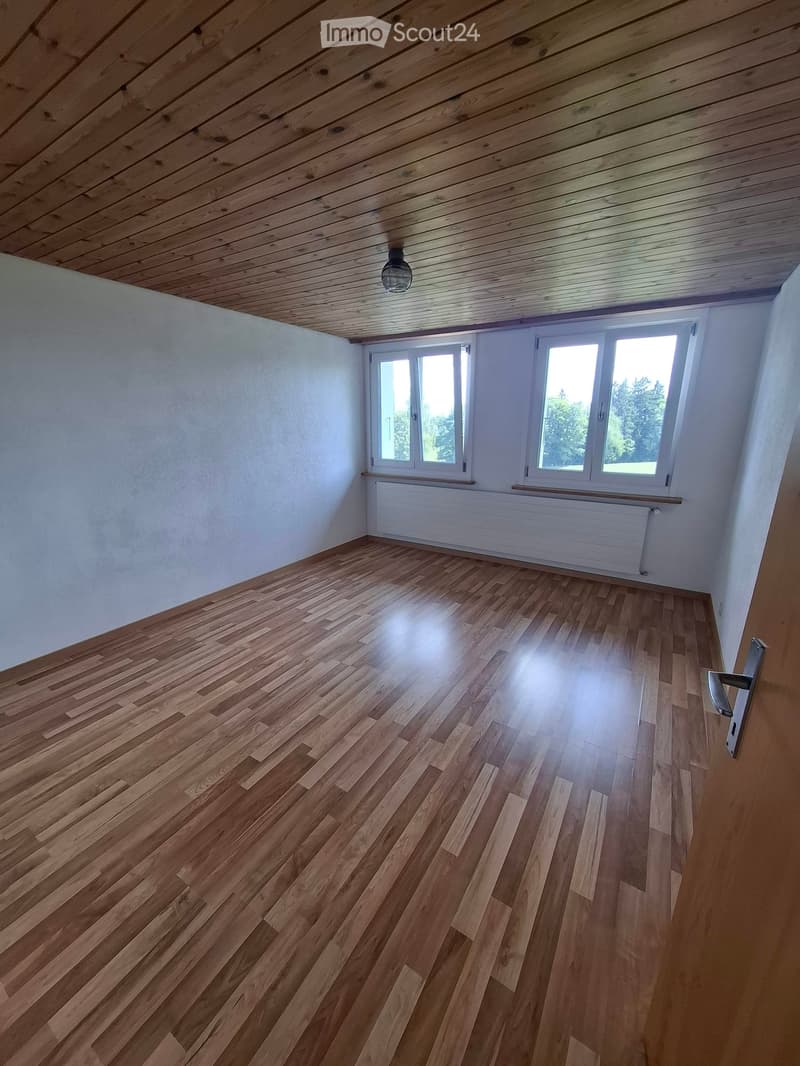 Empty room with wooden flooring, white walls, and large windows letting in natural light. The ceiling is also wooden, and there is a radiator below the windows.