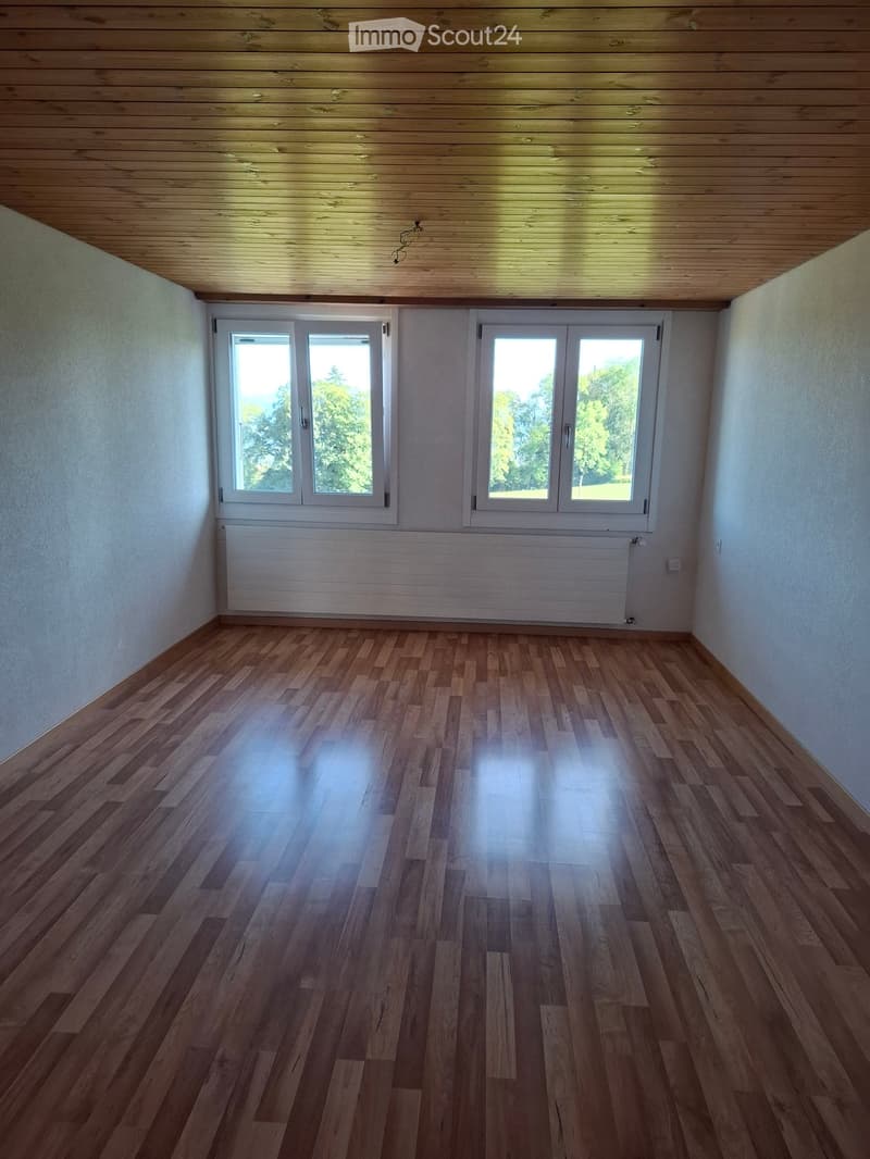 Empty room with wooden flooring, white walls, and large windows with white frames. A radiator is visible below the windows.