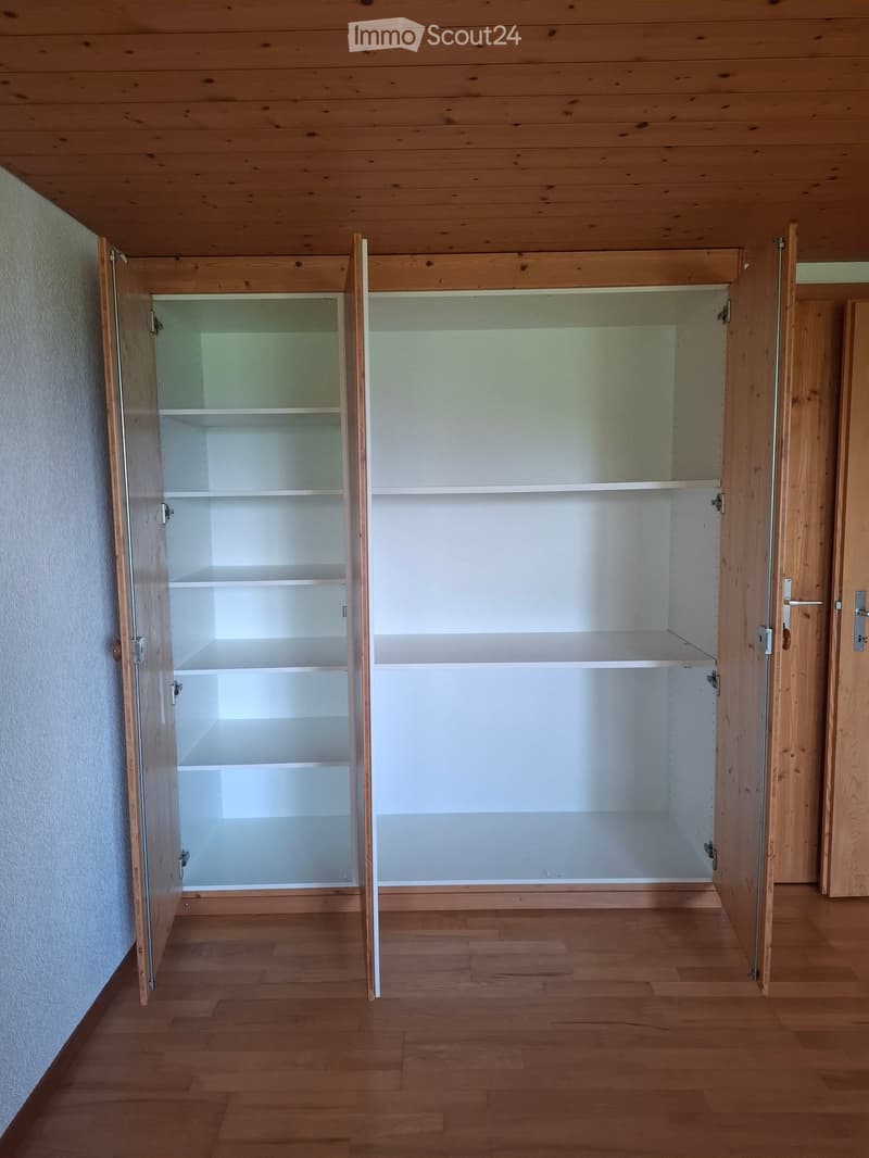 Empty room with wooden floor, white walls, and built-in open shelving units with multiple shelves.