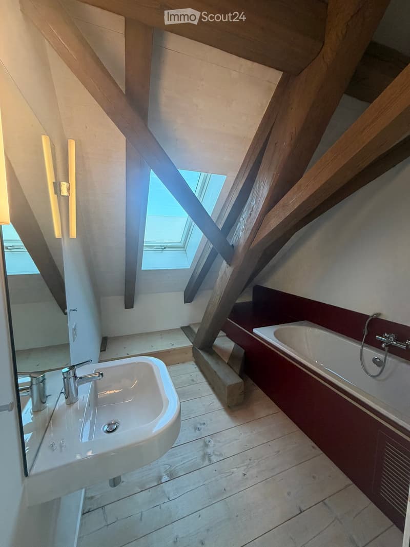 Modern bathroom with wooden flooring, a sink, a bathtub, and a skylight window above the bathtub.