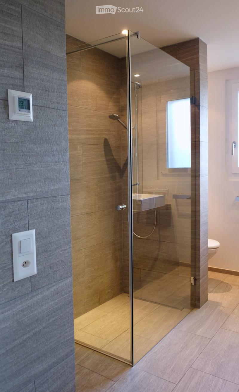 Modern bathroom with a glass-enclosed shower, wooden tiles, and a sink visible inside the shower area. The walls are tiled in a combination of grey and light wood tones.